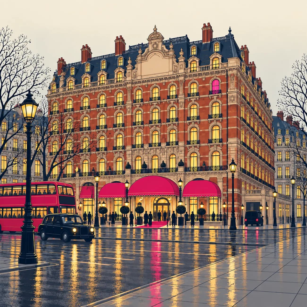 Illustration of a grand London hotel at dusk in the rain, with a black cab and a red bus outside.