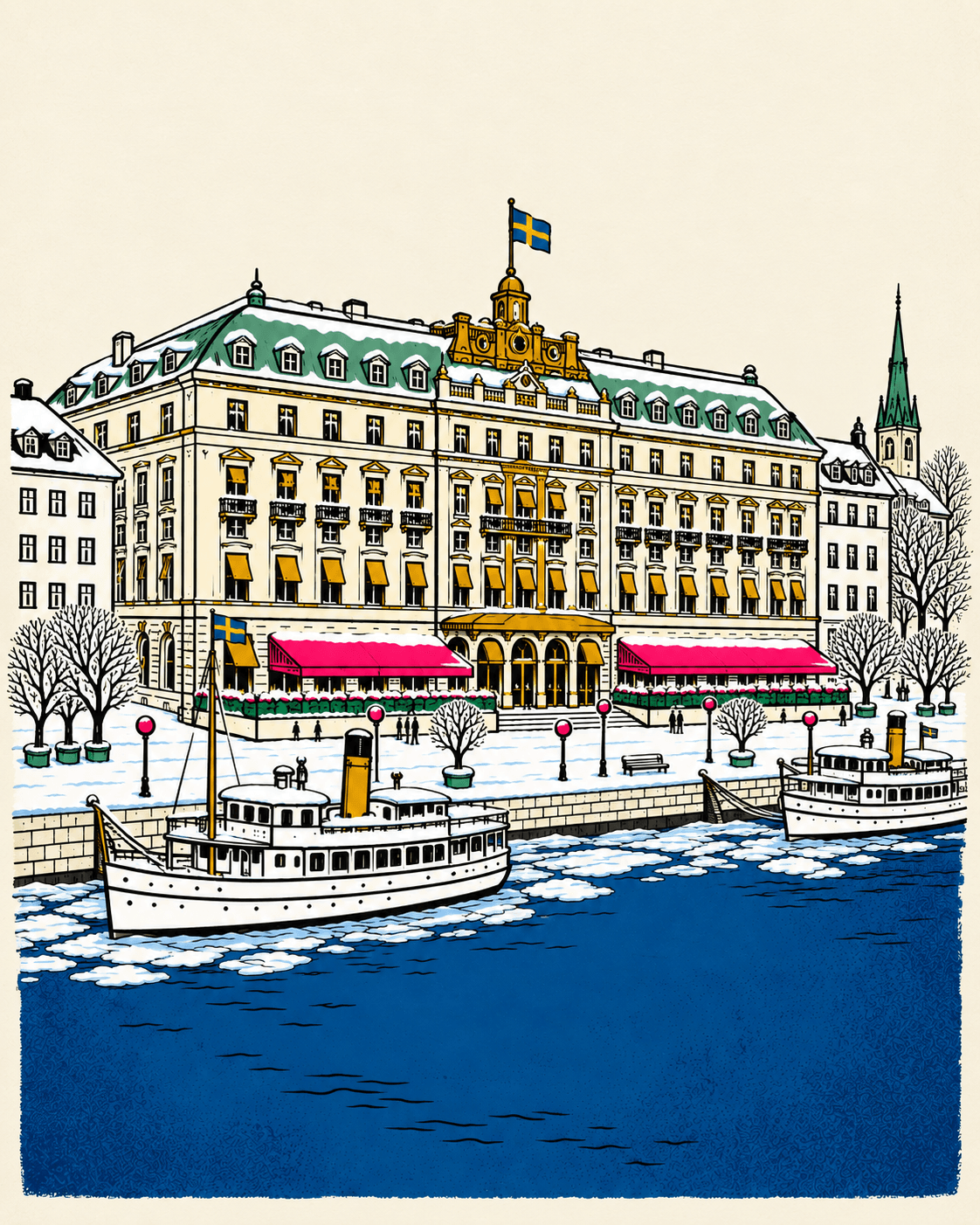 Illustration of the Grand Hôtel on the Stockholm waterfront in winter, with steamboats in icy water.