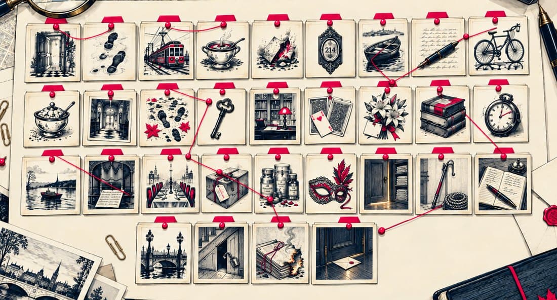 Thirty-one case files pinned to a wall and joined by a red thread.